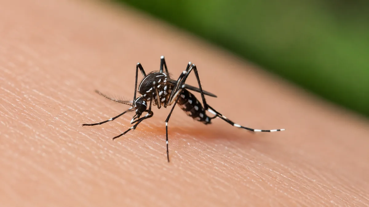 Moustique tigre (Aedes albopictus) reconnaissable à ses rayures noires et blanches