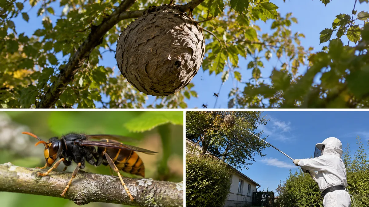 Nid secondaire de frelon asiatique en forme de boule accroché en hauteur dans un arbre