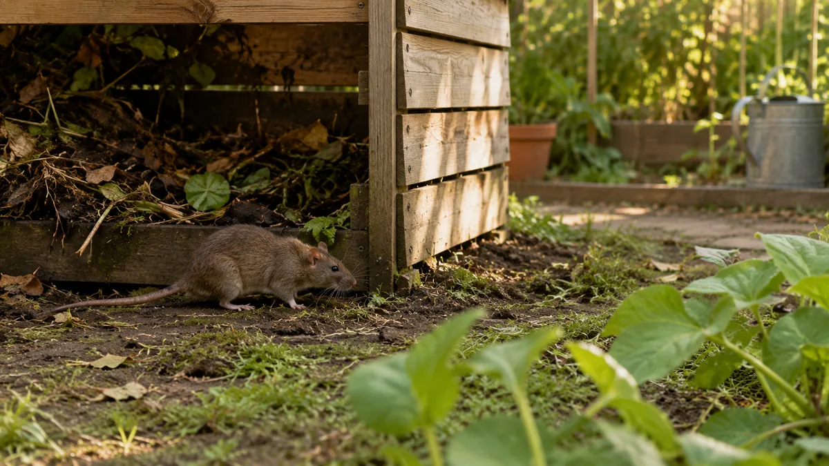 Rat brun (surmulot) près d'un composteur de jardin en été