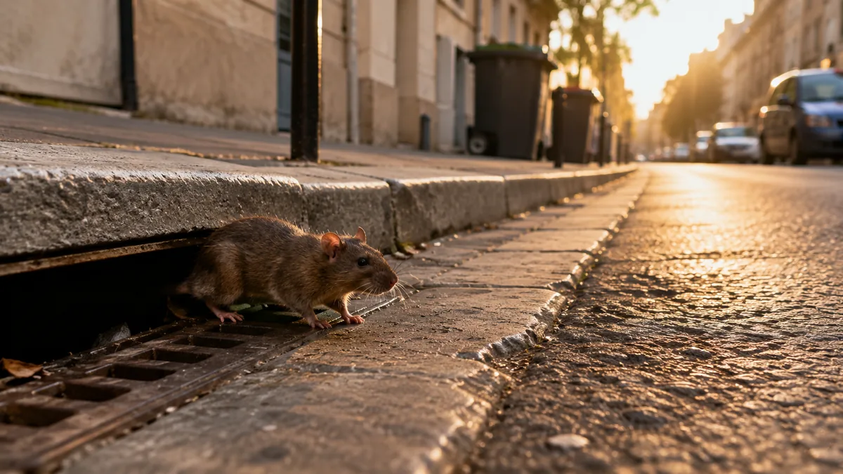 Rat brun (surmulot) sortant d'une bouche d'égout sur un trottoir de ville en été
