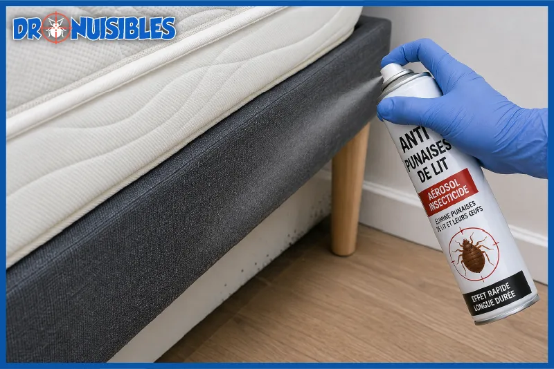 application d’un aérosol insecticide anti-punaises de lit sur sommier et matelas