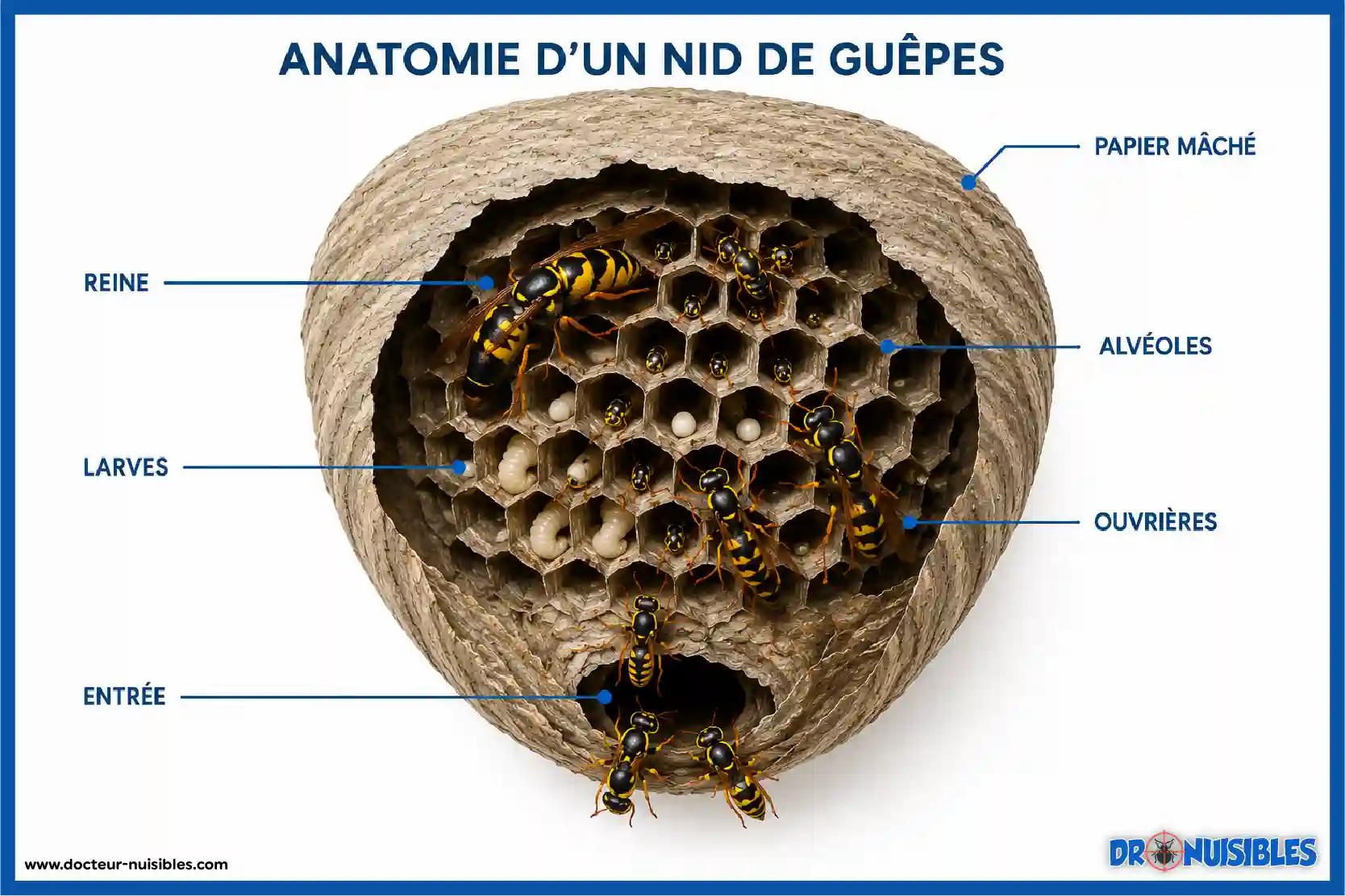 Anatomie d'un nid de guêpes avec reine, larves, alvéoles et ouvrières