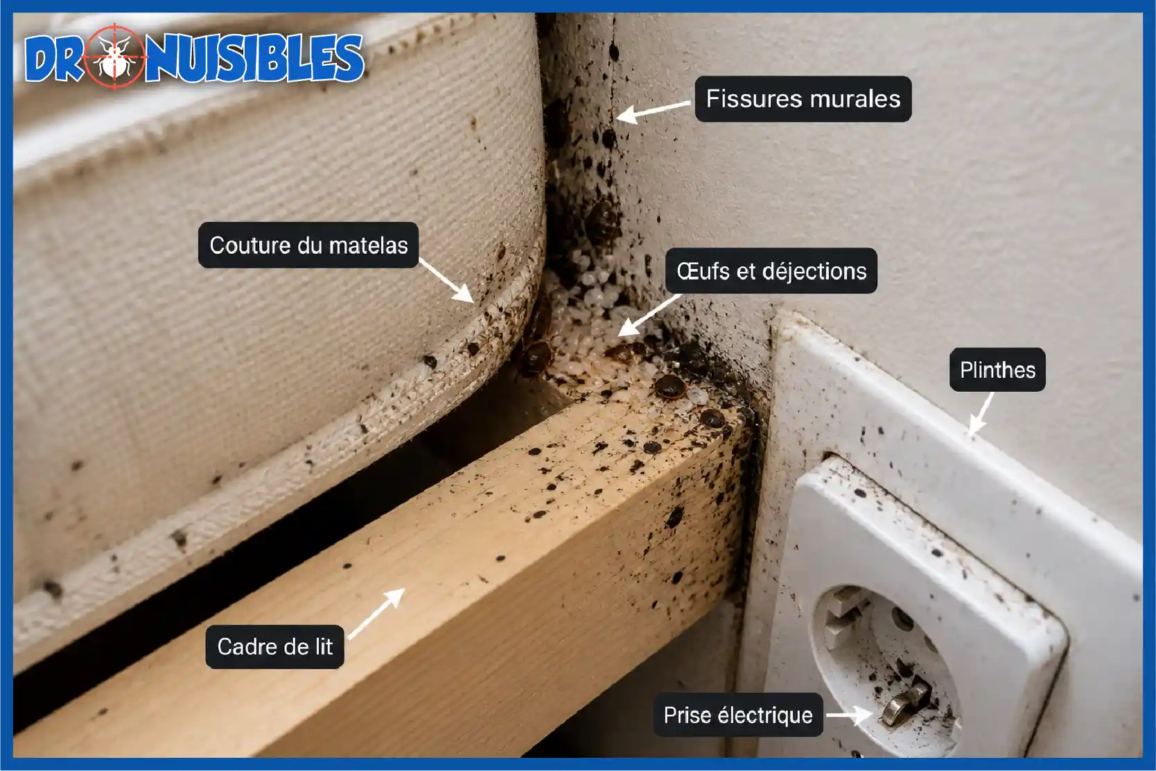 cachettes des punaises de lit dans matelas sommier fissures et prises électriques