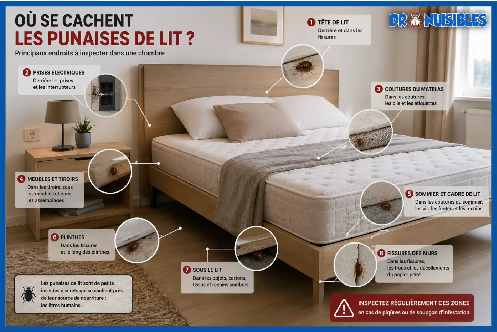 cachettes des punaises de lit dans une chambre sommier plinthes prises électriques