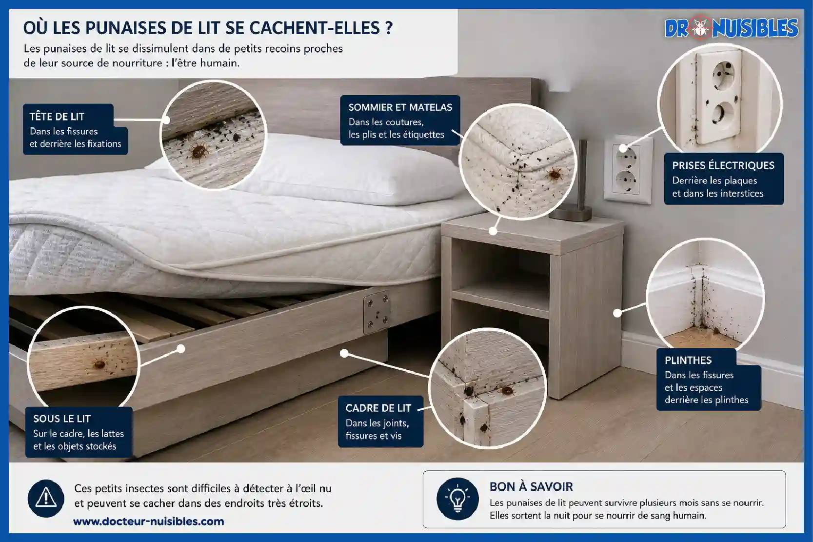 cachettes des punaises de lit dans cadres de lit plinthes prises electriques et fissures