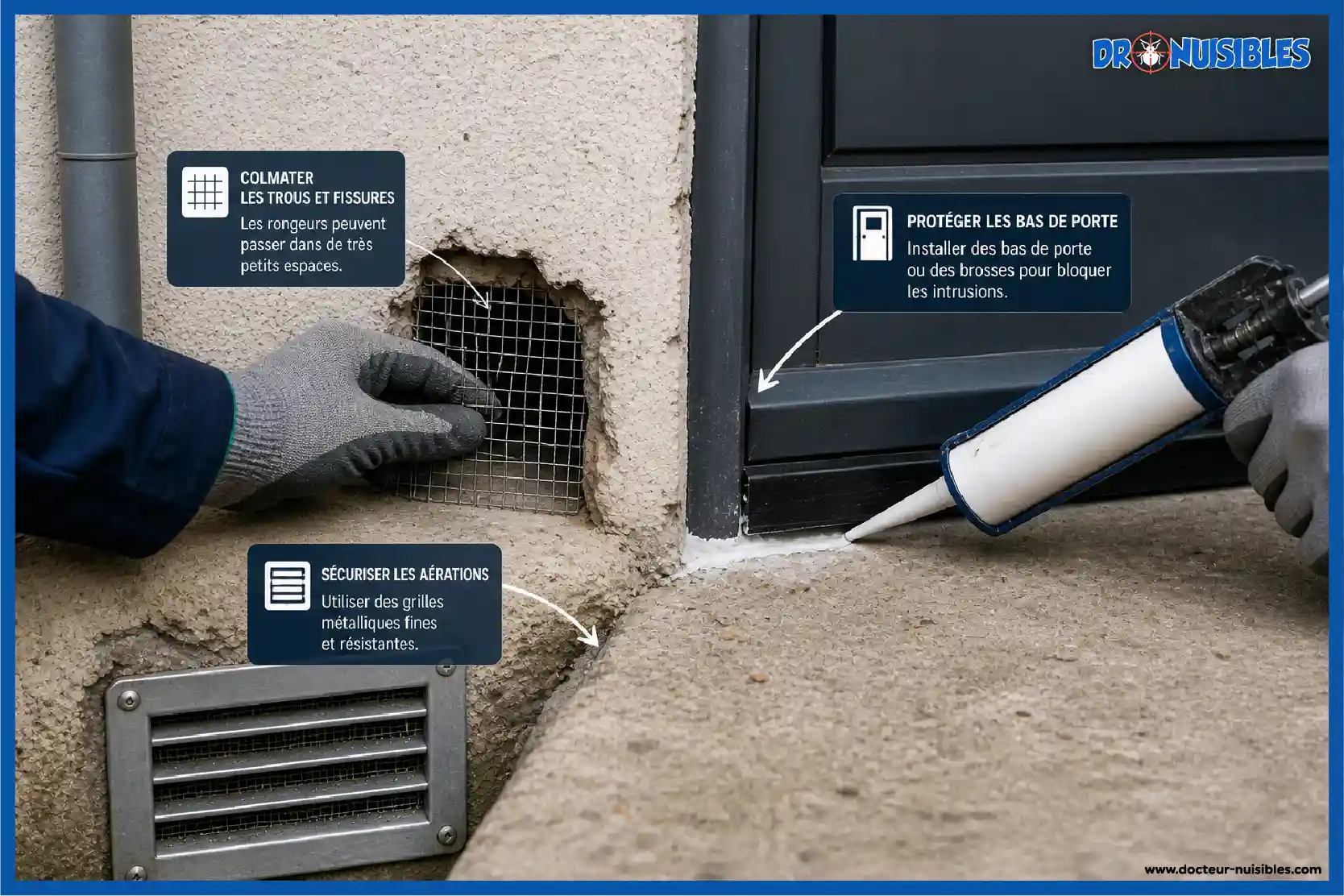colmatage point entree rongeurs mur grillage bas de porte protection
