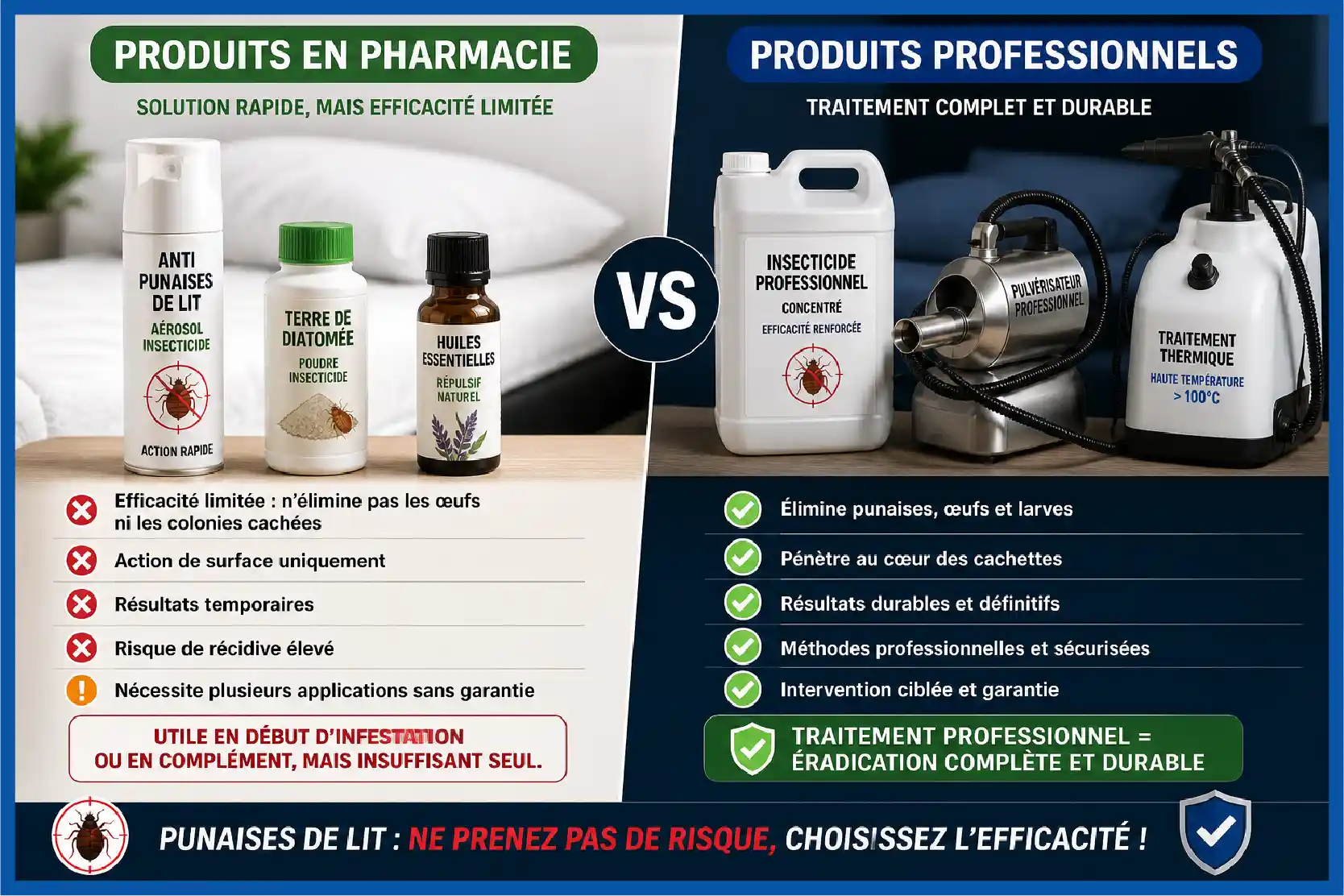 comparaison traitement punaises de lit pharmacie vs traitement professionnel efficacité et résultats
