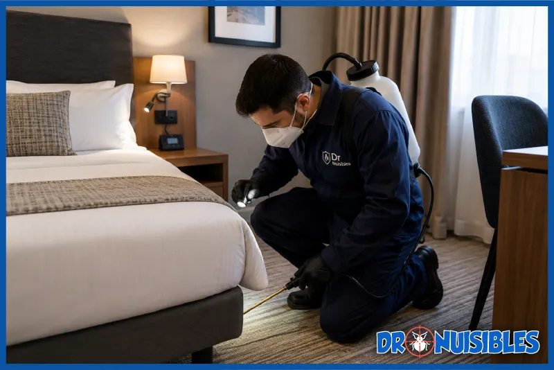 technicien réalisant une désinsectisation dans une chambre d hôtel