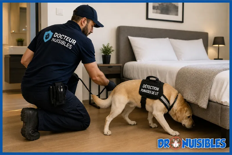 chien détecteur de punaises de lit en inspection avec maître-chien dans une chambre