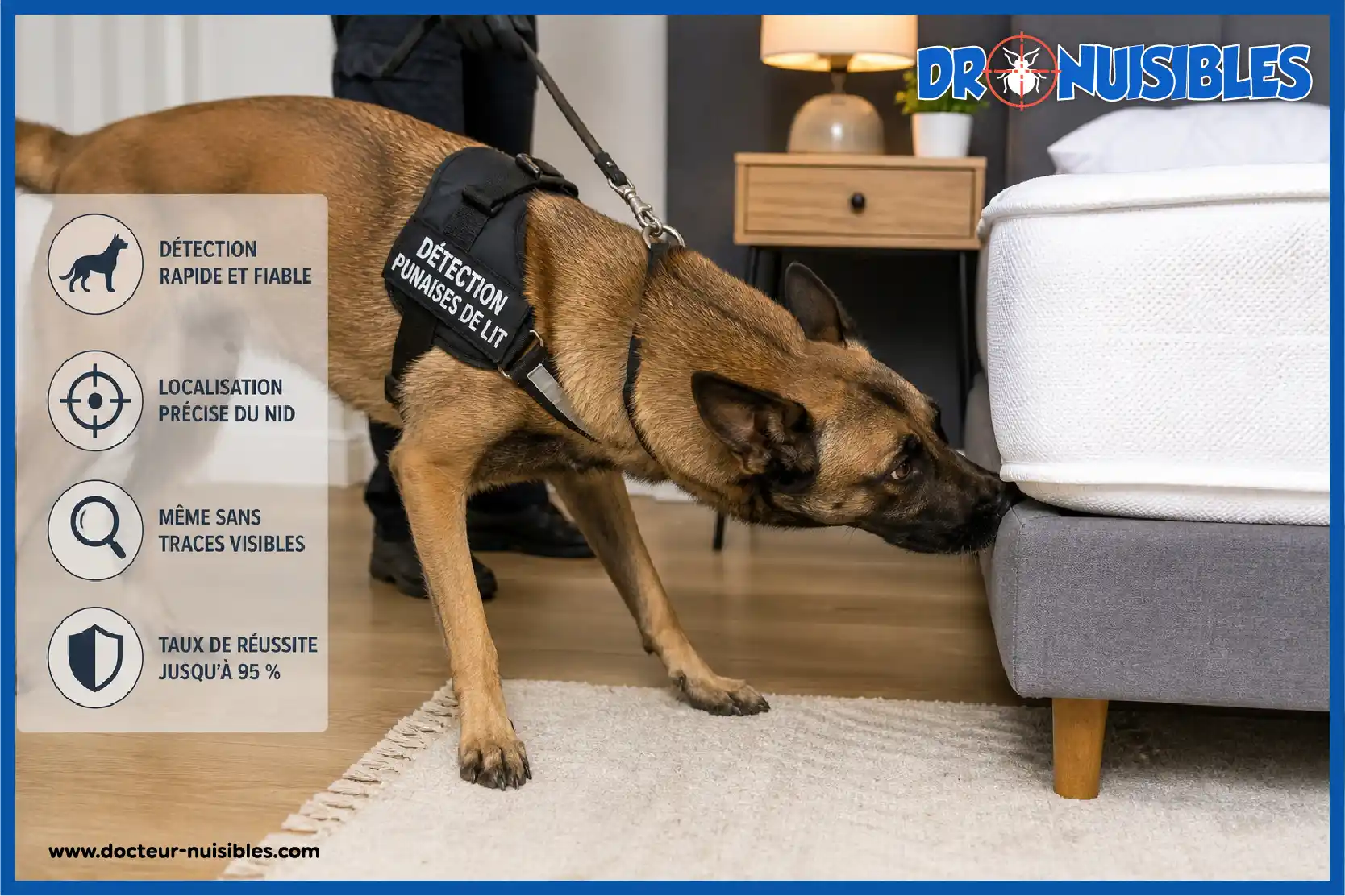 détection canine des punaises de lit avec chien renifleur localisant le nid dans une chambre