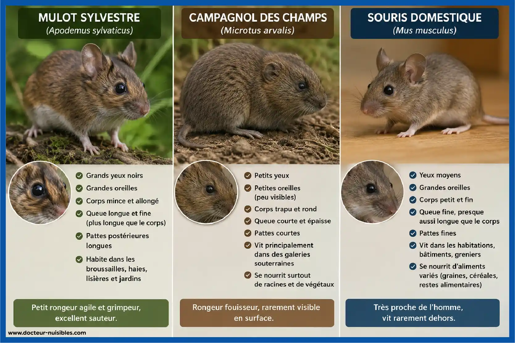 Comparaison entre mulot sylvestre campagnol des champs et souris domestique
