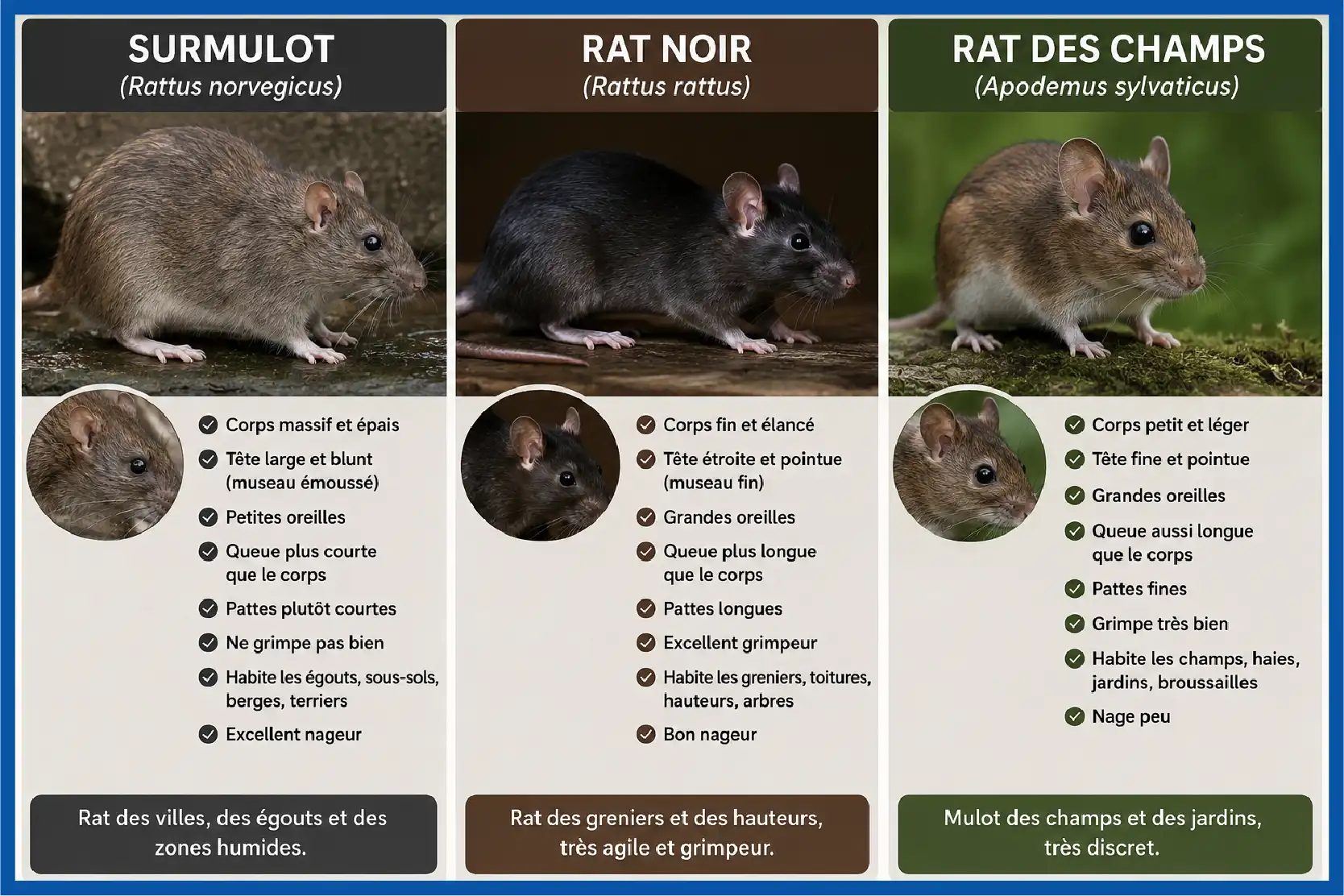 Tableau comparatif du surmulot, du rat noir et du rat des champs avec leurs caractéristiques