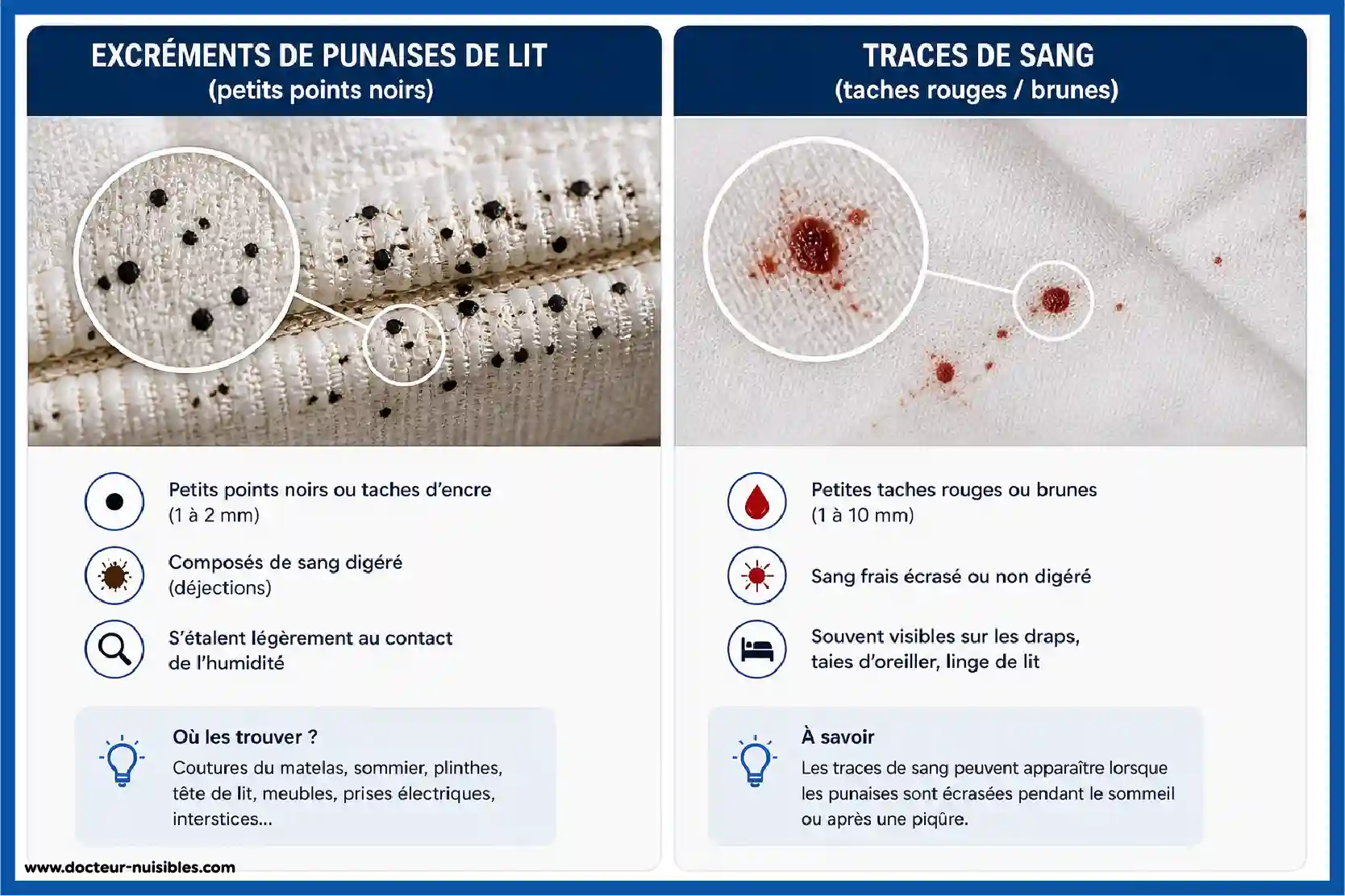 différence excréments de punaises de lit et traces de sang sur draps et matelas