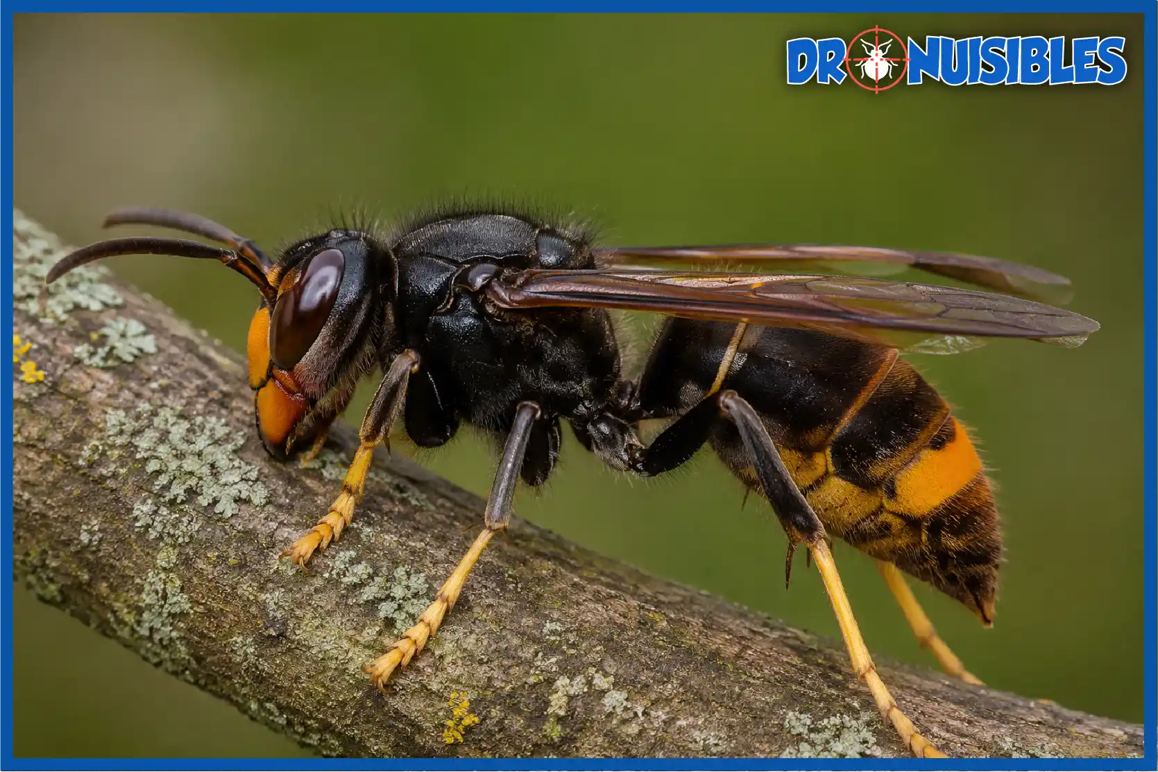 Frelon asiatique Vespa velutina nigrithorax à pattes jaunes observé de près