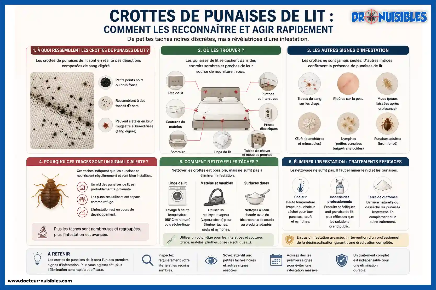 infographie comment reconnaître les crottes de punaises de lit et signes d’infestation