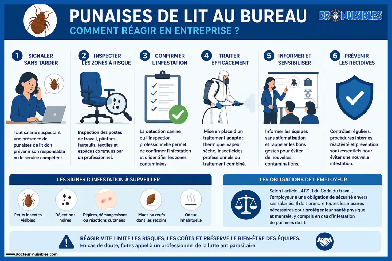 infographie expliquant comment réagir face aux punaises de lit en entreprise