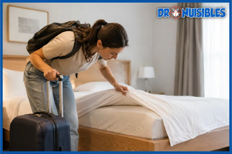 voyageuse inspectant un lit Airbnb avant de poser ses bagages
