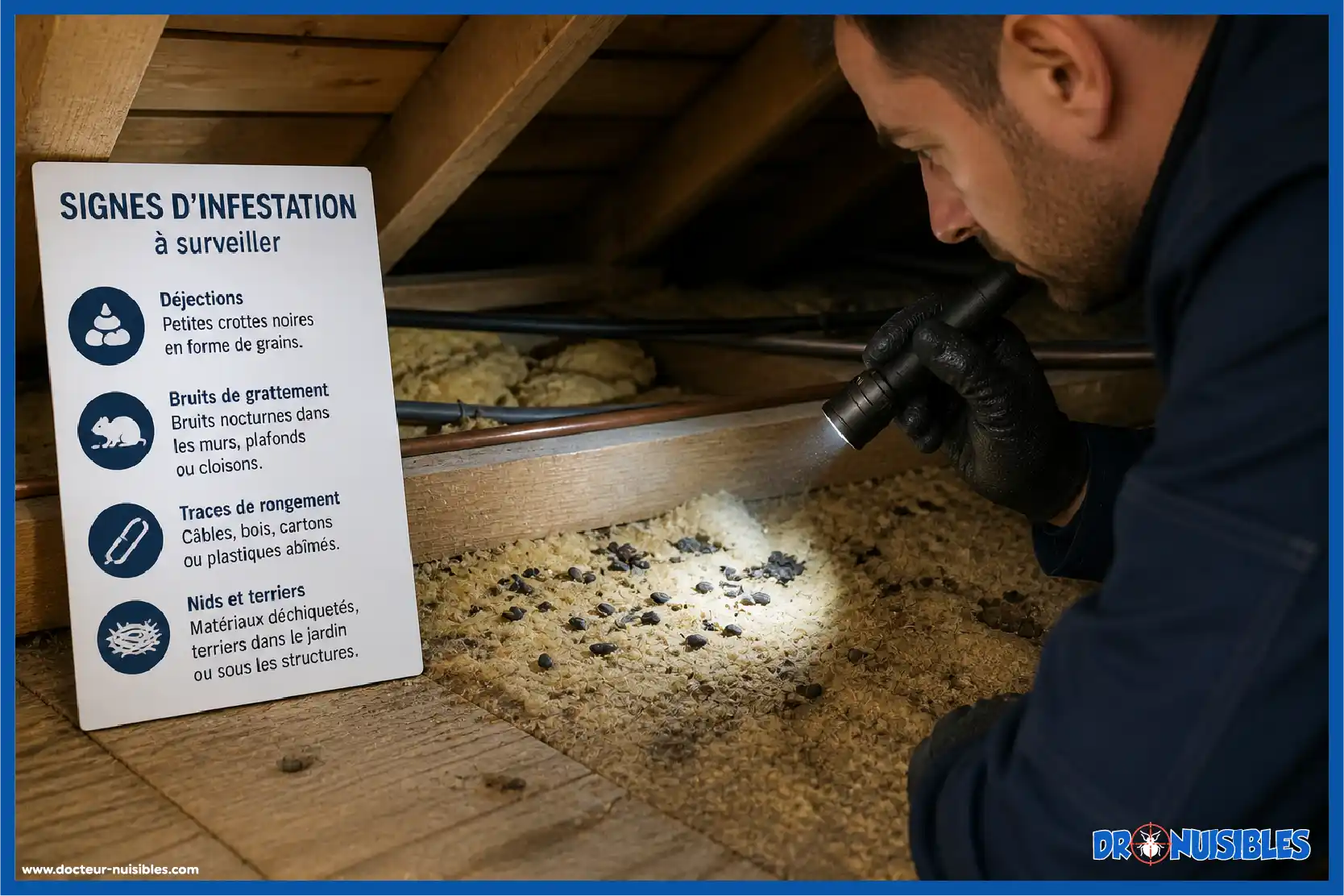 inspection combles signes infestation rongeurs dejections traces grattement