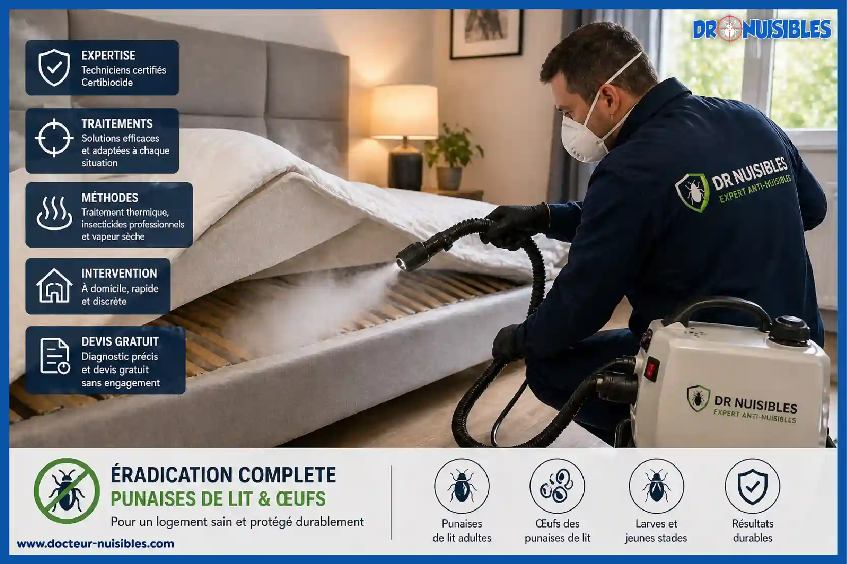 intervention professionnelle traitement punaises de lit vapeur insecticides desinsectisation
