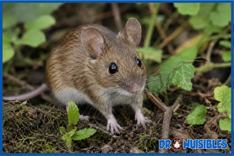 Mulot sylvestre Apodemus sylvaticus dans les broussailles avec grands yeux noirs et grandes oreilles