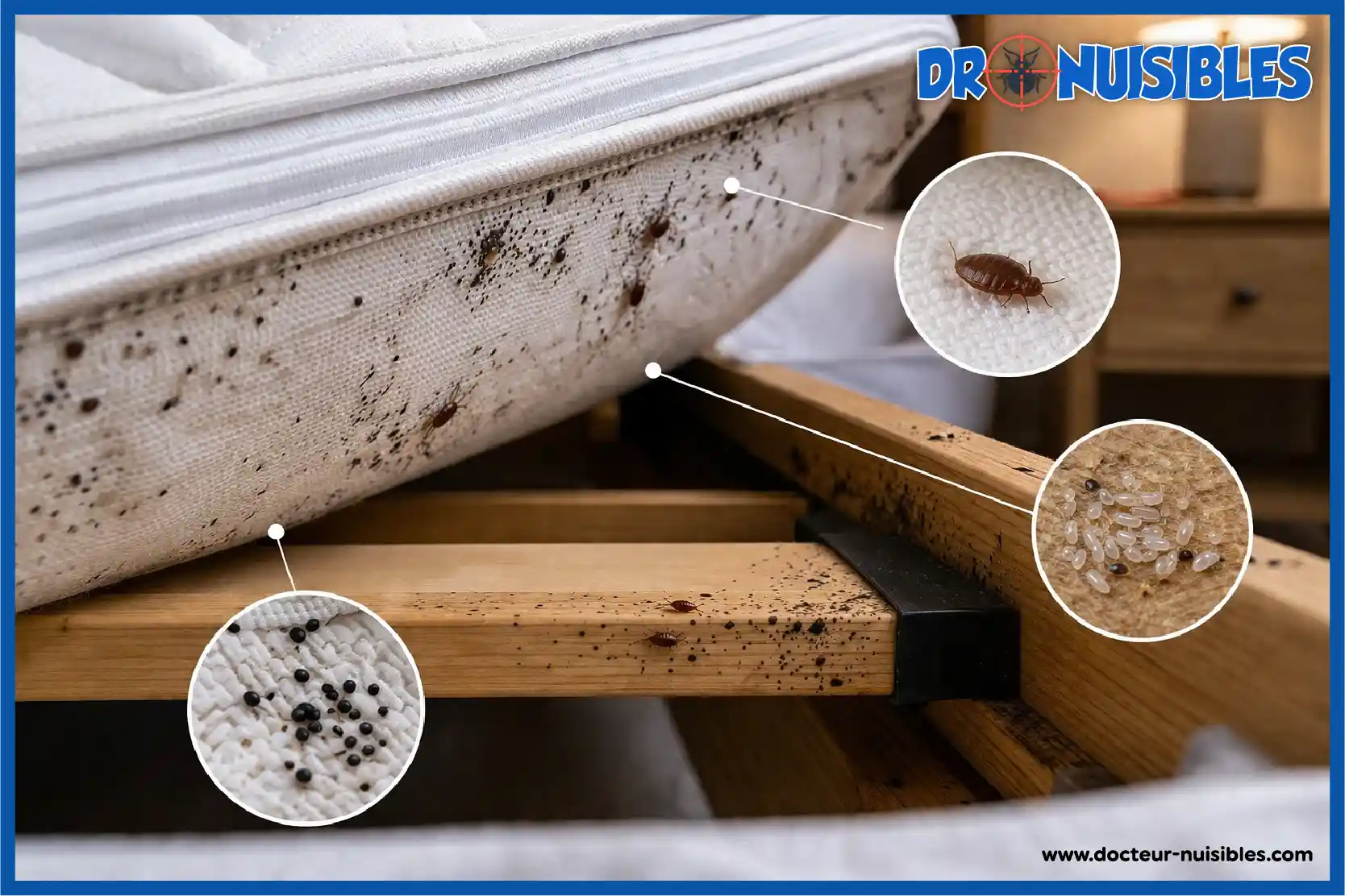 nid de punaises de lit dans les coutures du matelas avec déjections et œufs visibles