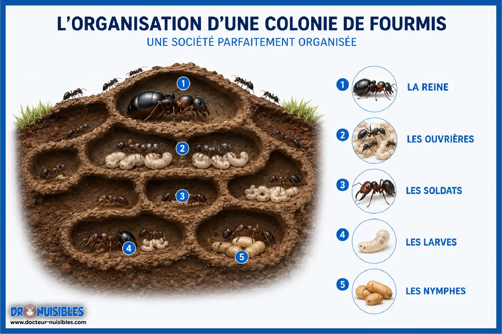 Organisation d'une colonie de fourmis avec reine, ouvrières, soldats, larves et nymphes