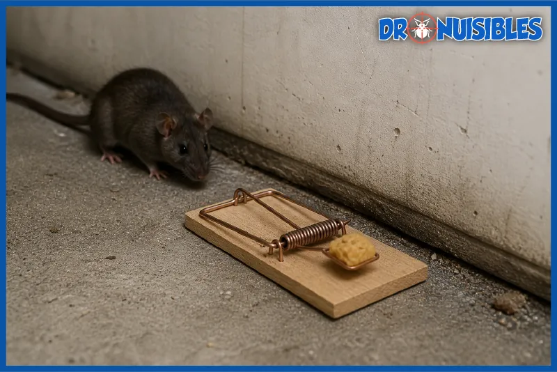 piege mecanique rat tapette avec appat le long du mur