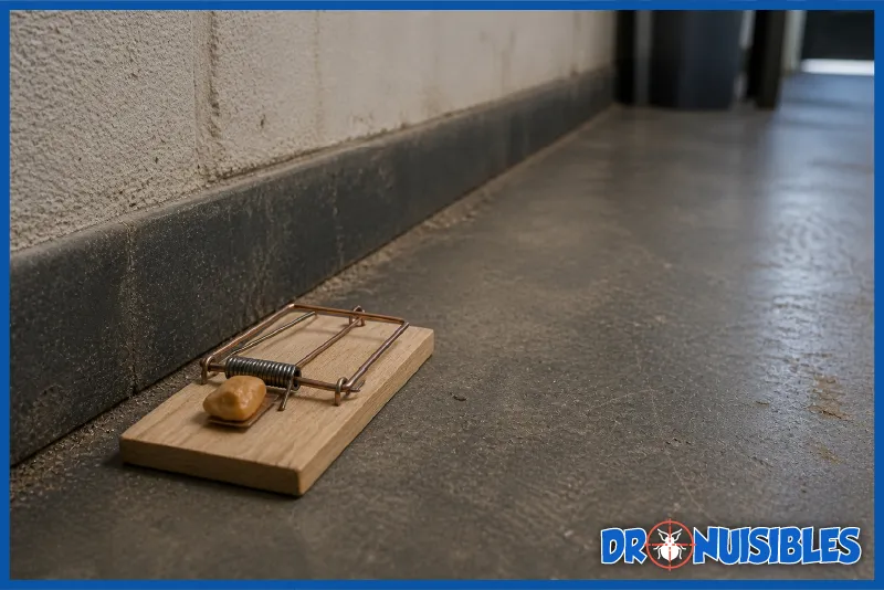 piege a rat positionne le long du mur avec appat beurre de cacahuete