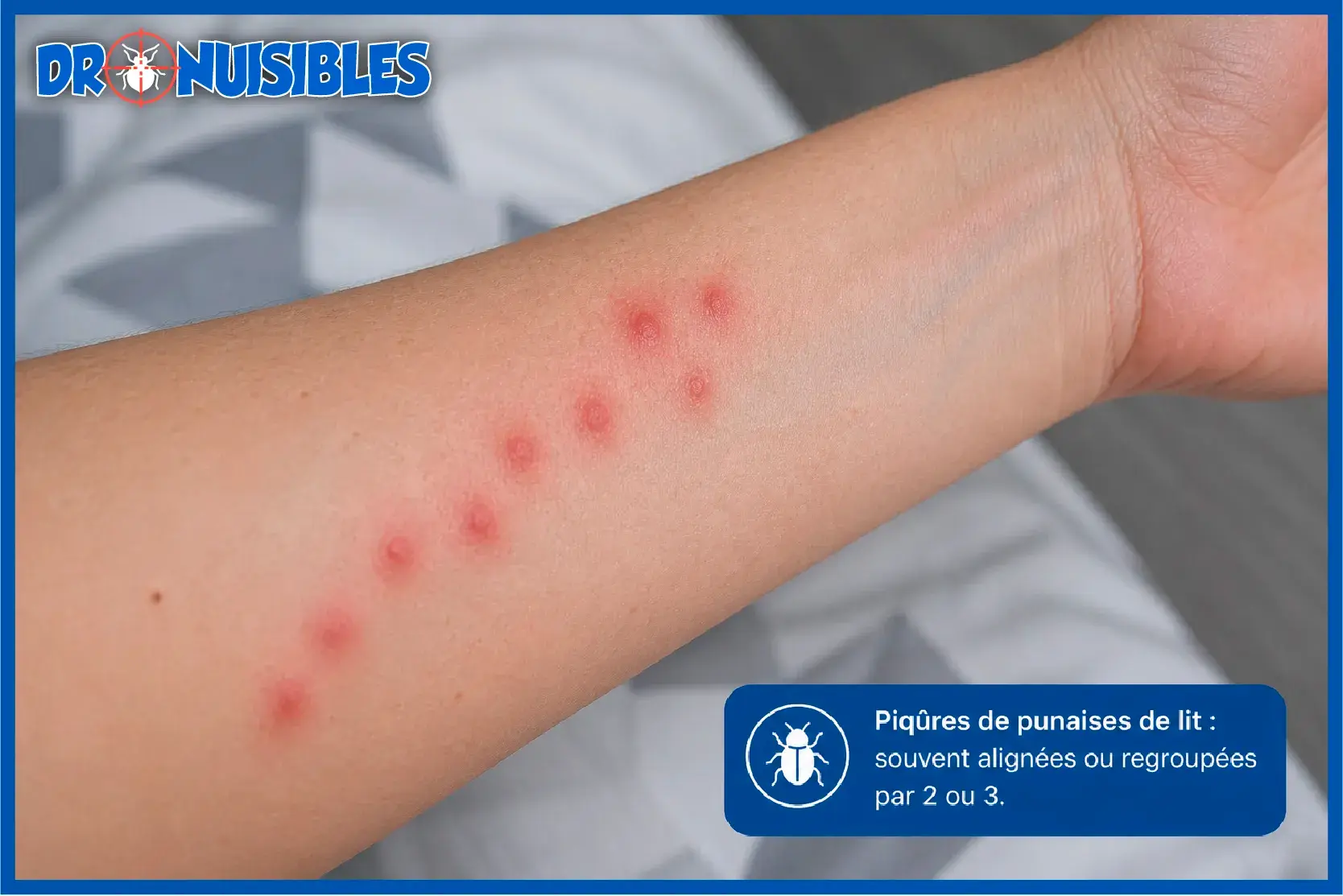 piqûres de punaises de lit alignées sur la peau après infestation