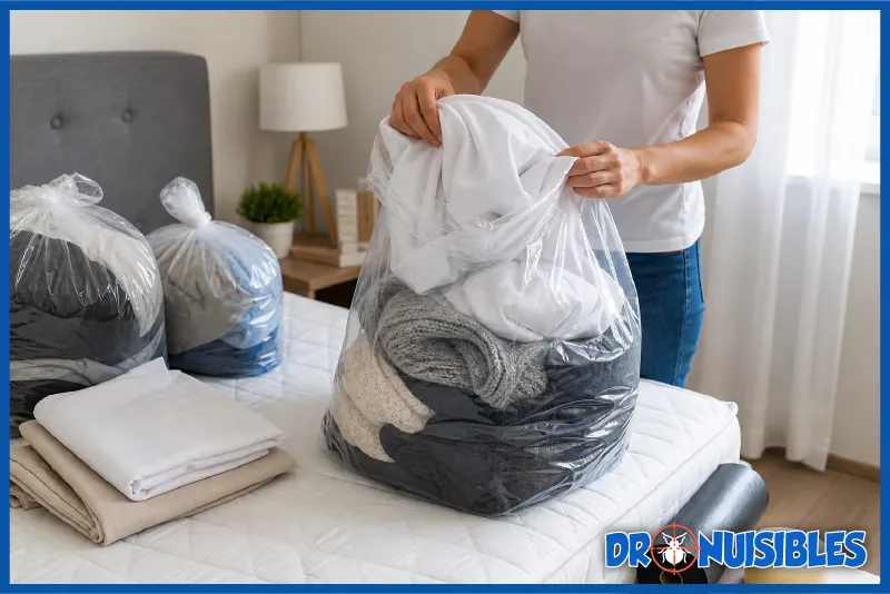 préparation linge punaises de lit sacs plastiques hermétiques avant désinsectisation