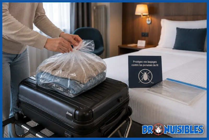 voyageur protégeant ses bagages contre les punaises de lit dans un hôtel