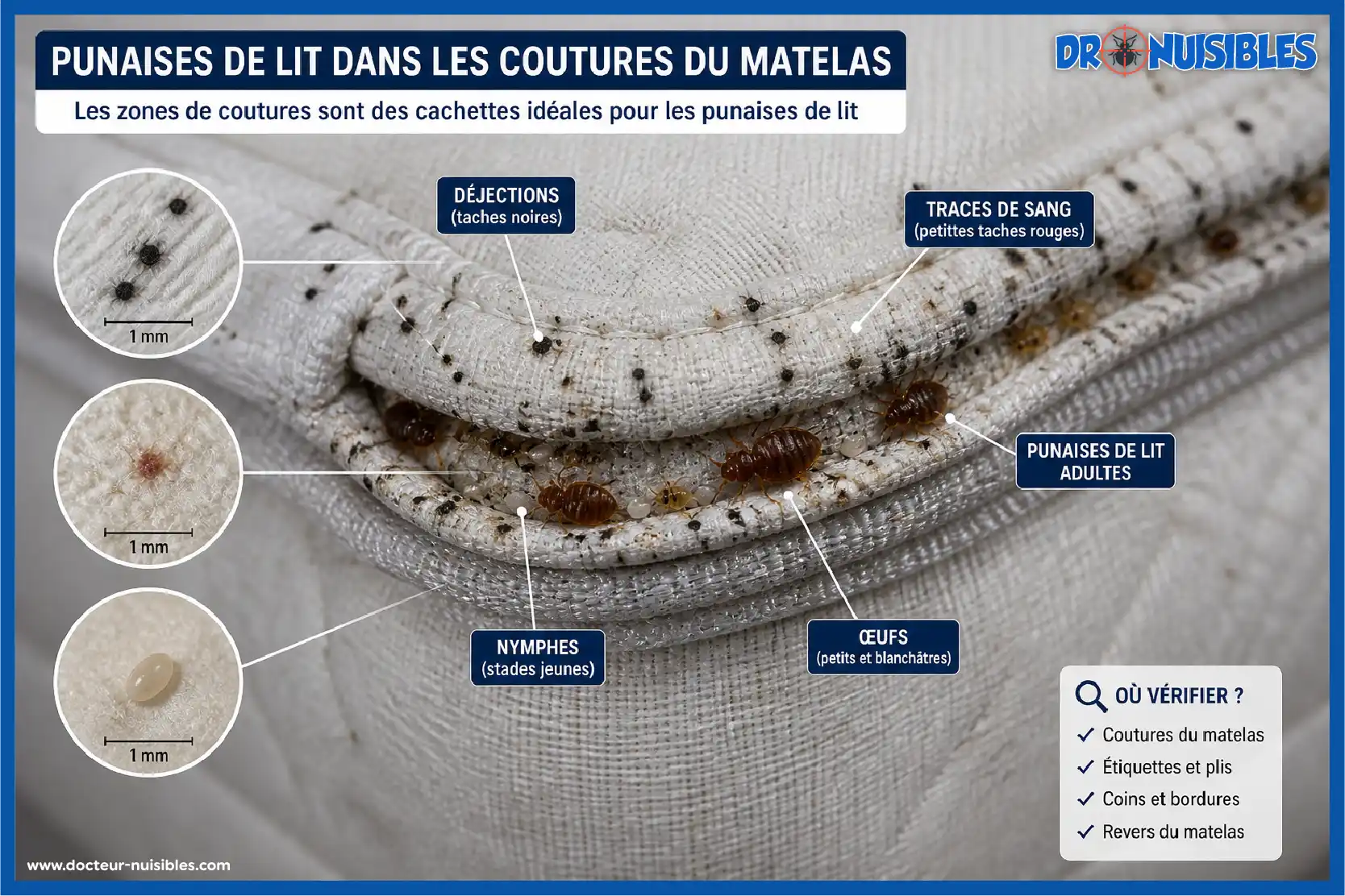 punaises de lit dans les coutures du matelas avec oeufs dejections et traces de sang