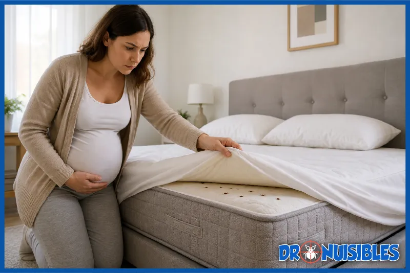 femme enceinte inspectant un matelas pour détecter des punaises de lit