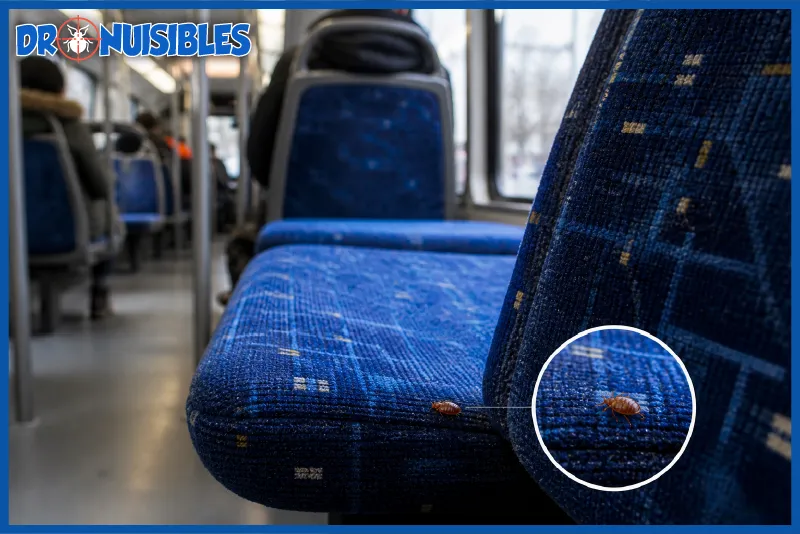 Punaises de lit sur un siège de transport en commun illustrant la contamination dans les lieux publics