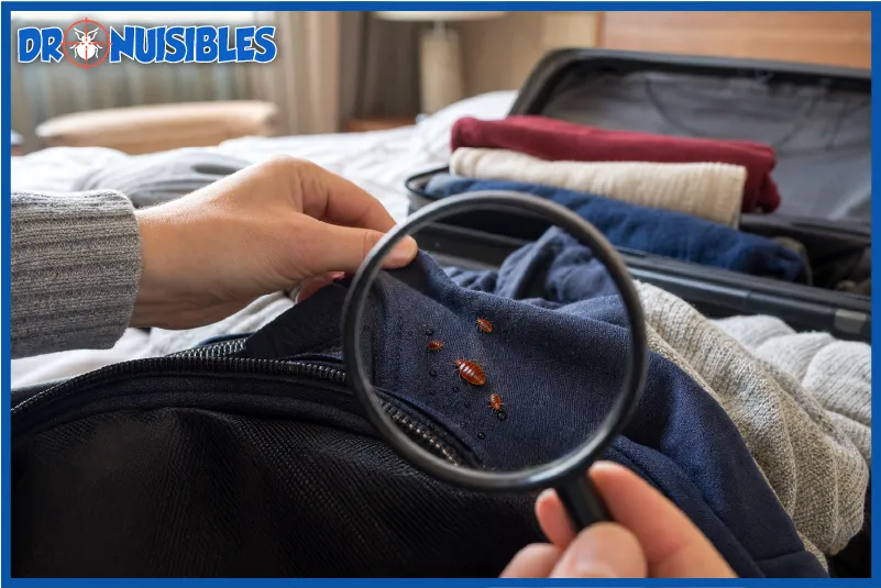 Punaises de lit visibles sur des vêtements dans une valise montrant le risque de transport sur soi