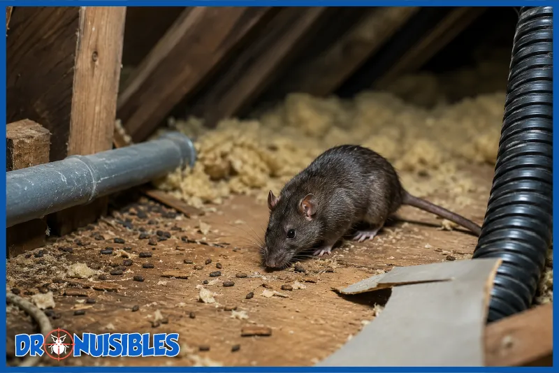 Rat noir dans des combles avec traces d’infestation