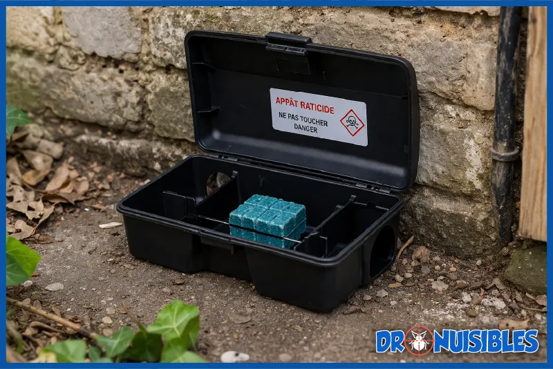 poste d appatage raticide anticoagulant avec rat a proximite le long dun mur