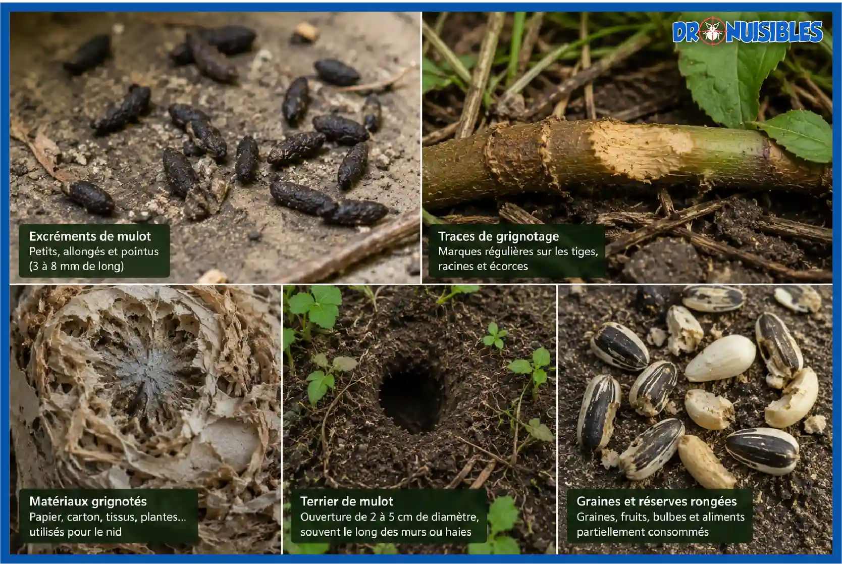 Excréments traces de grignotage et terrier indiquant une infestation de mulots