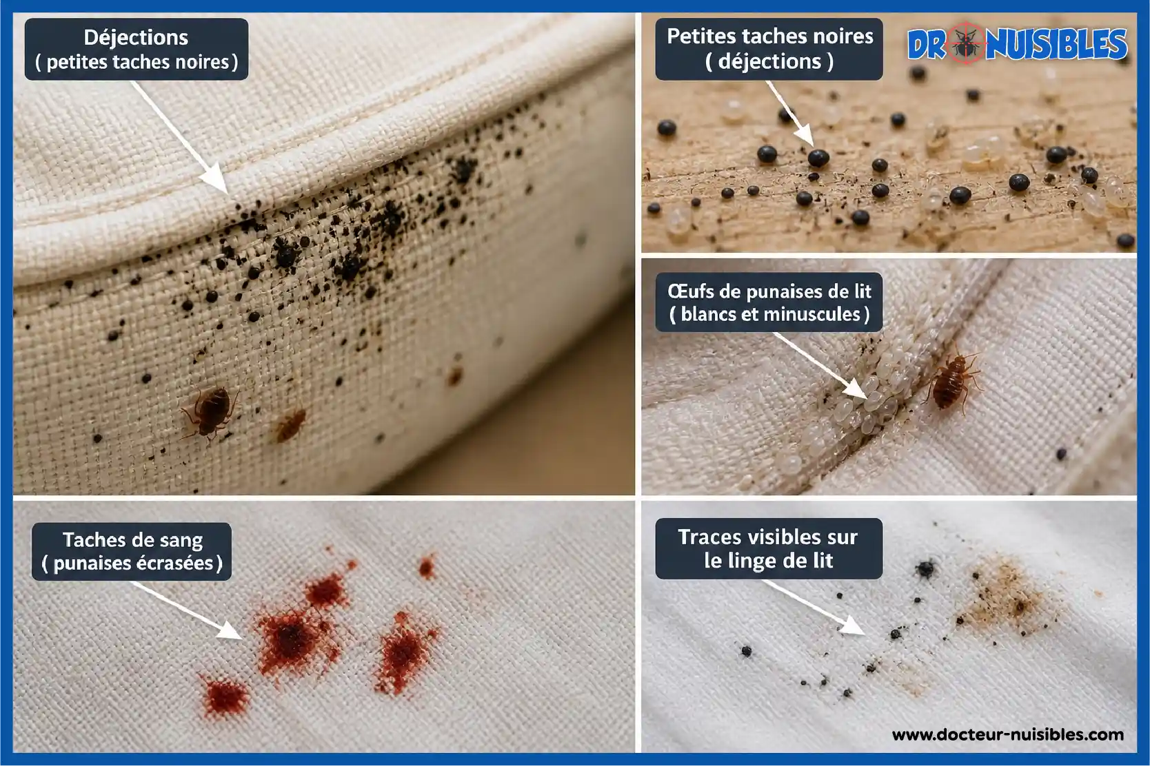 signes d’infestation de punaises de lit avec taches noires déjections œufs et traces de sang