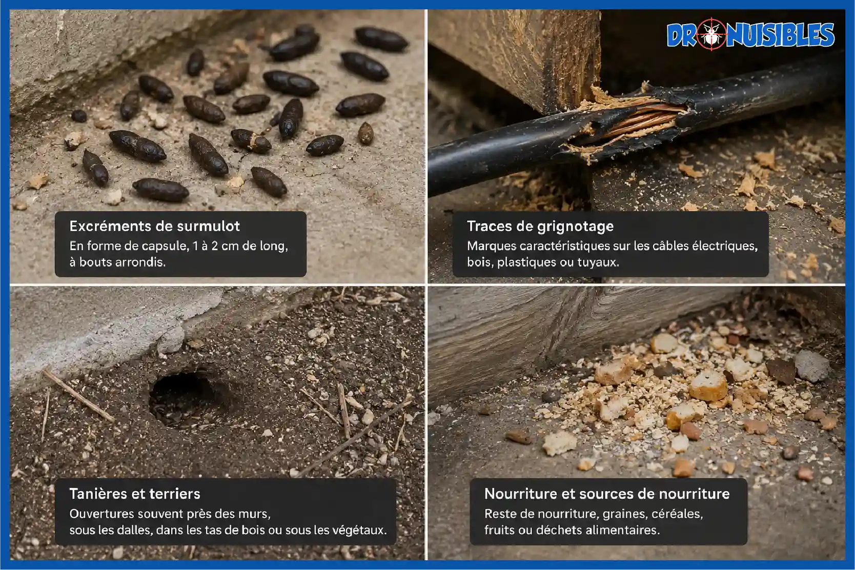 Quatre photos illustrant les signes d'infestation de surmulots dont excréments, câbles rongés et terriers