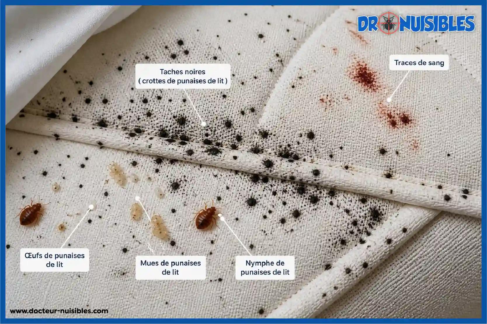 traces de punaises de lit avec excréments brun foncé et sang digéré en gros plan