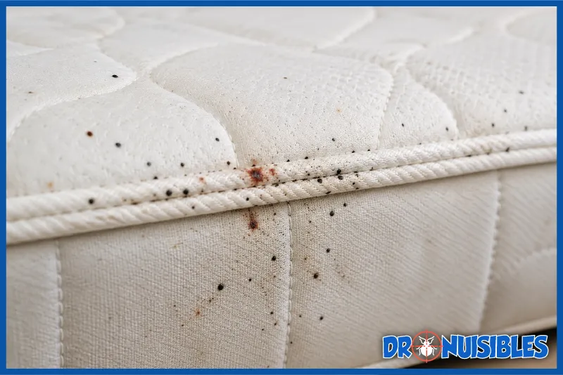 traces de punaises de lit sur un matelas avec taches noires et traces de sang