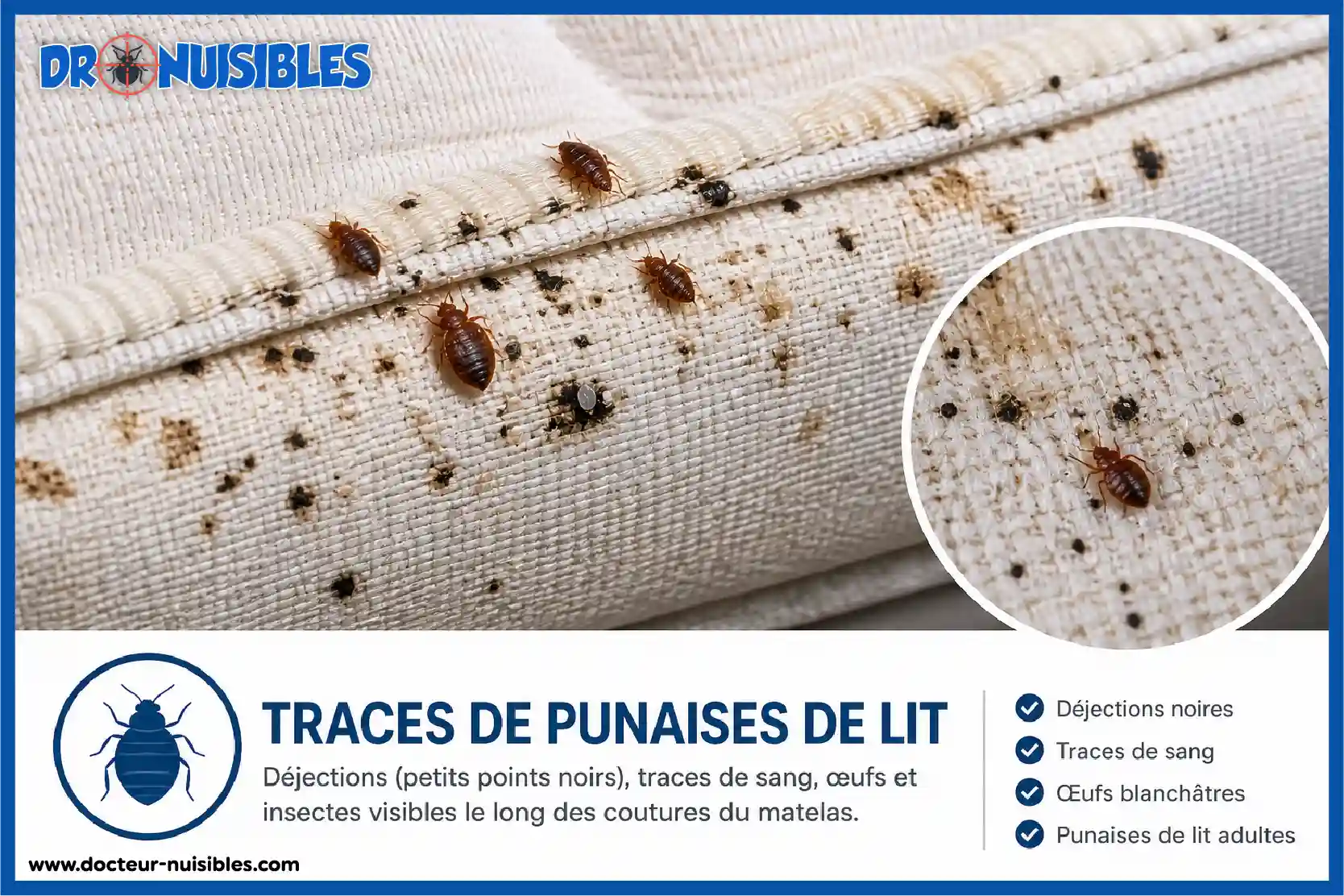 traces de punaises de lit sur matelas avec déjections taches de sang et insectes visibles