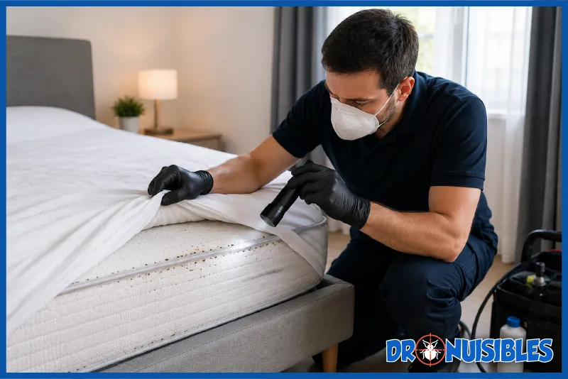 technicien inspectant un matelas après un traitement contre les punaises de lit