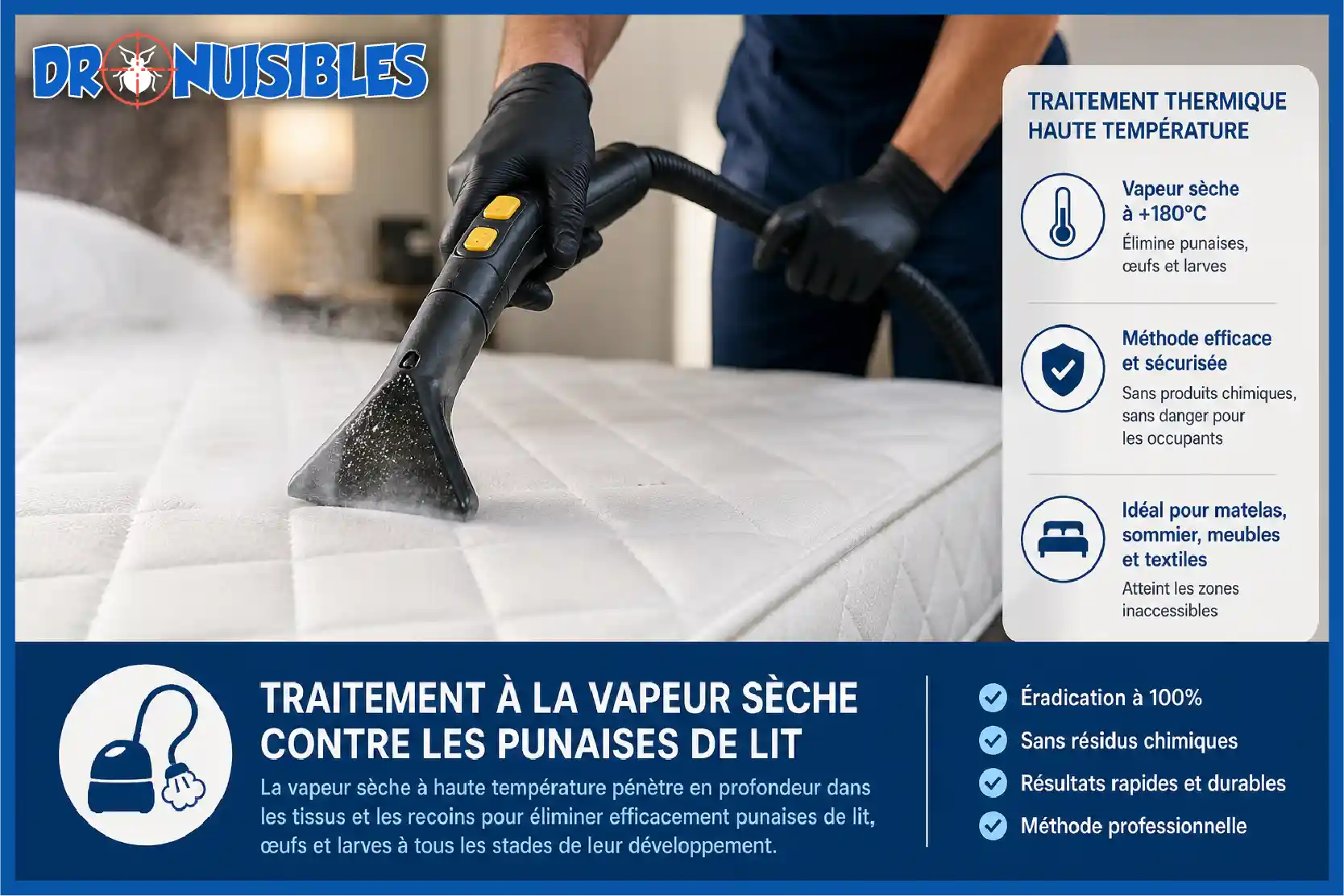 traitement thermique vapeur sèche haute température pour éliminer punaises de lit et œufs