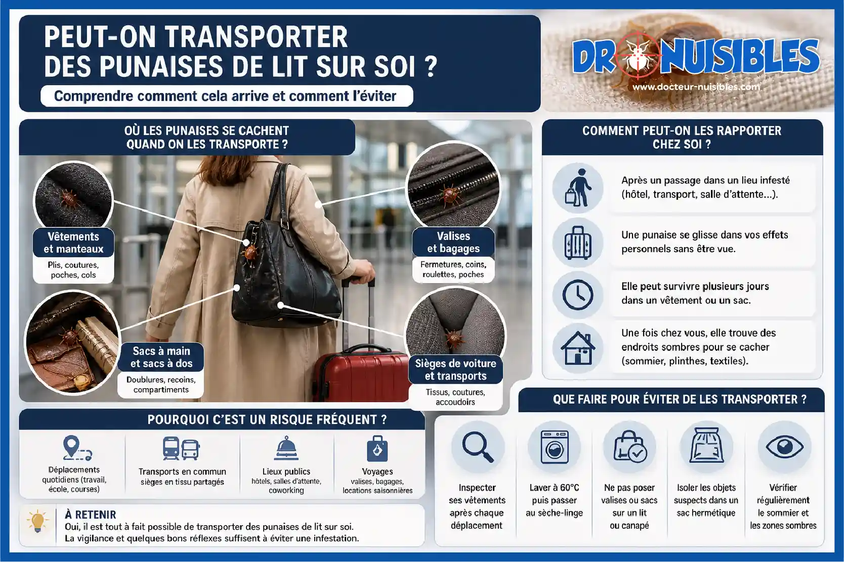 Infographie expliquant comment transporter des punaises de lit sur soi via vêtements sacs et transports