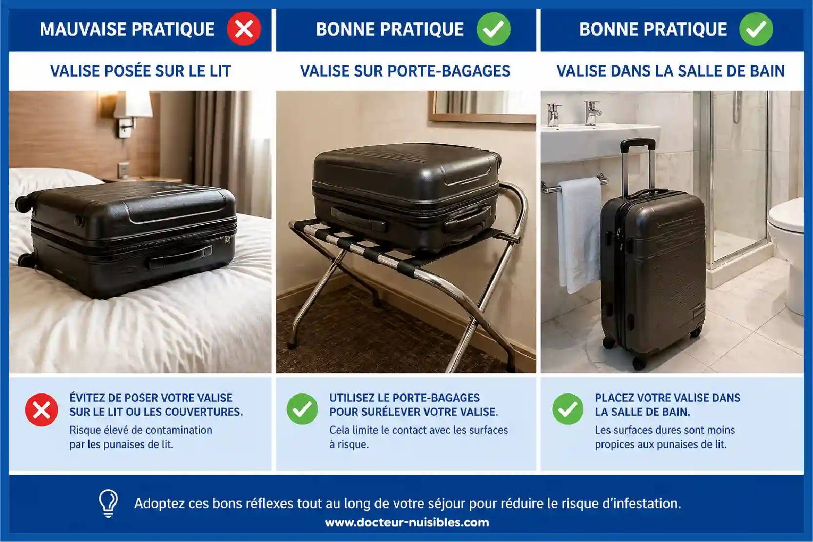 valise sur lit erreur et valise sur porte bagage hotel et salle de bain prevention punaises de lit