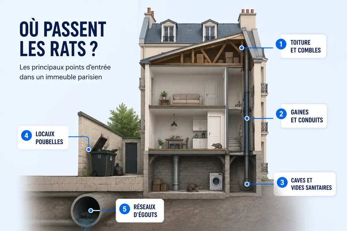 Principaux points d'entrée des rats dans un immeuble parisien.