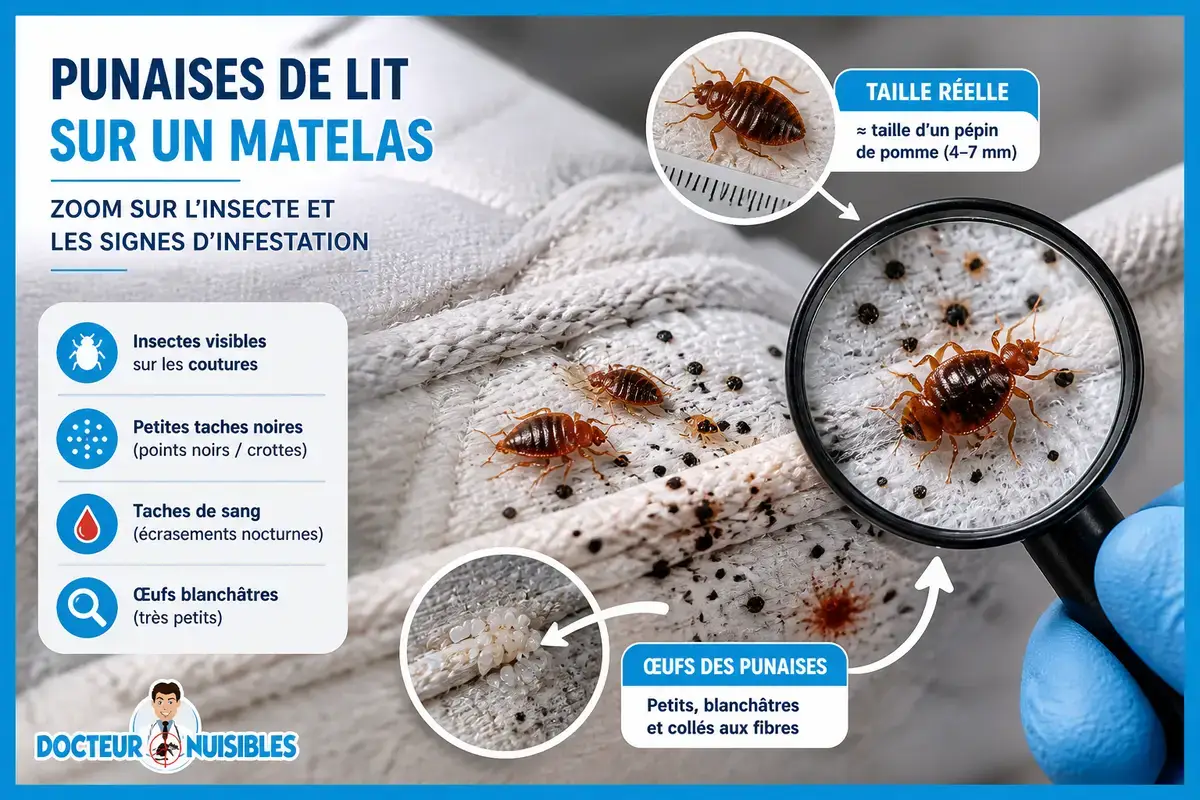 punaises de lit sur matelas avec oeufs et taches noires infestation