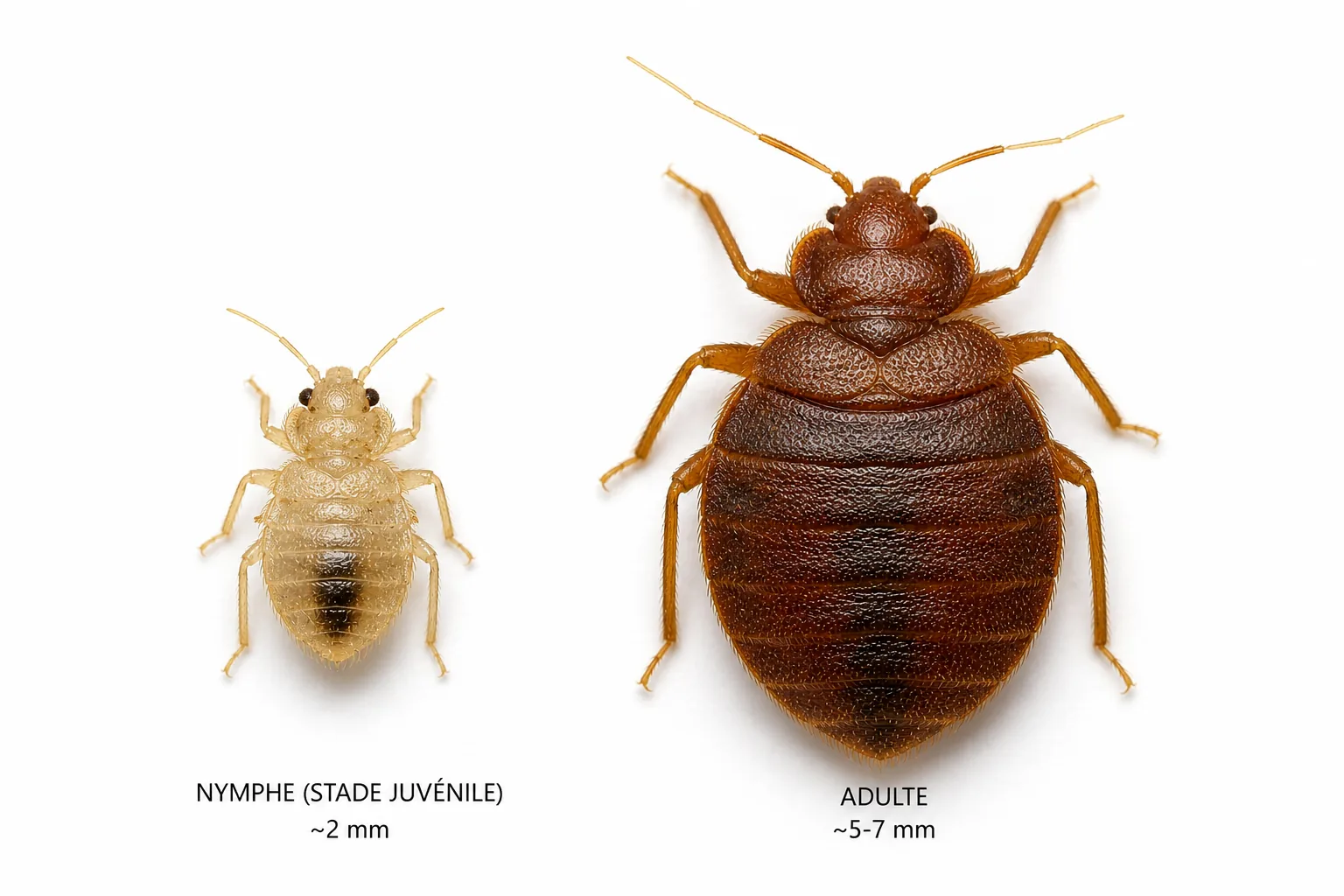 Nymphe punaise de lit 2 mm translucide et adulte 5-7 mm comparaison taille côte à côte